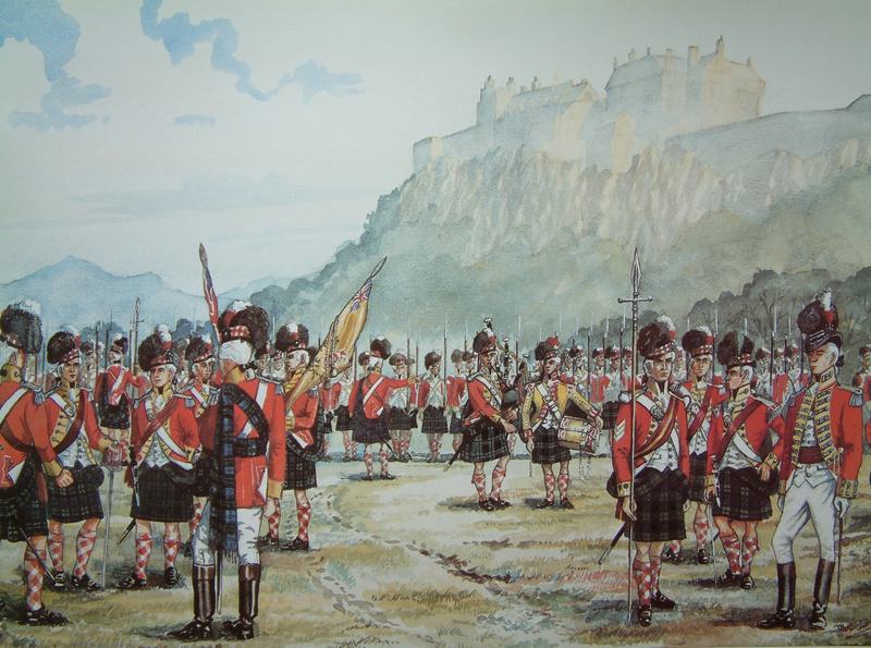 Watercolour by Captain Alastair Campbell of Airds: the 98th Regiment inspected below Stirling Castle, May 1794