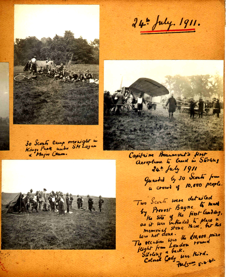 Plane landing in Kings Park, 1911 Circuit of Britain Air Race (Scout Group scrapbook)