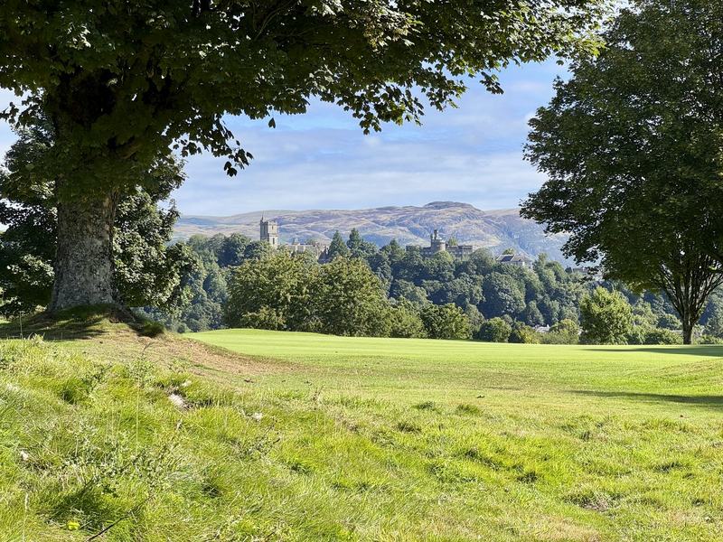 The view from the Herds Hoose today, across the golf course to the castle and the Wallace Monument