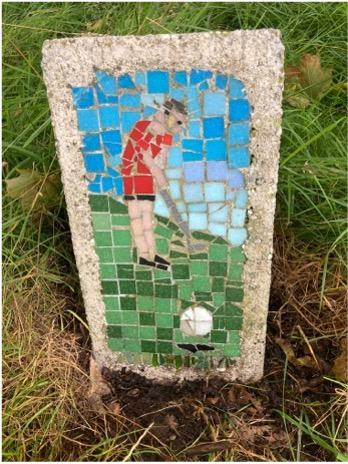 Mosaic panel: Golfer — one of nine mosaic panels in the park, made in 2011 from artwork by St Modan's High School pupils with the artist Meredith Crone