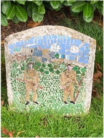 Mosaic panel: World War 1 — one of nine mosaic panels in the park, made in 2011 from artwork by St Modan's High School pupils with the artist Meredith Crone