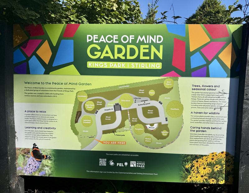 The Peace of Mind Garden's interpretation sign, with a plan of the planting