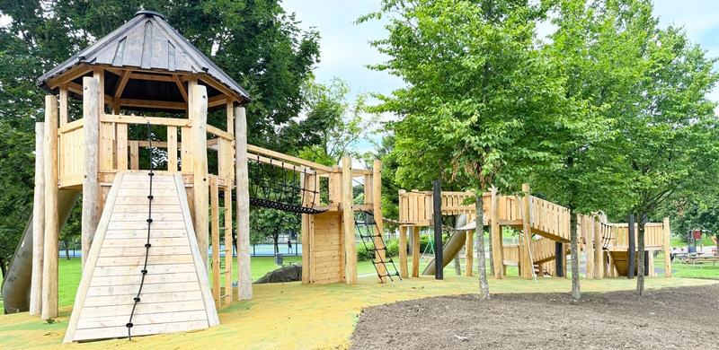The rebuilt play park: the timber tower, climbing wall and rope bridge