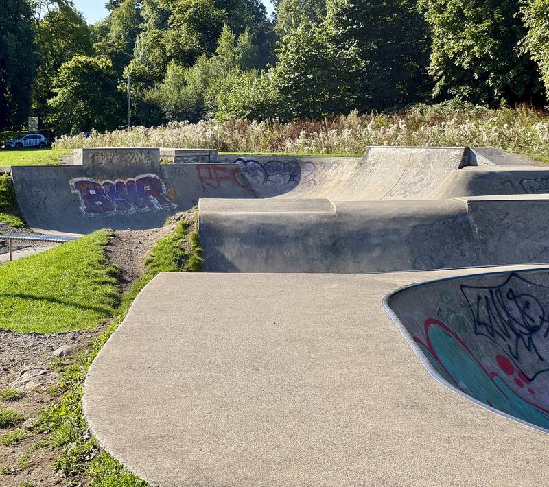 The skate park's ramps and bowl, August 2026