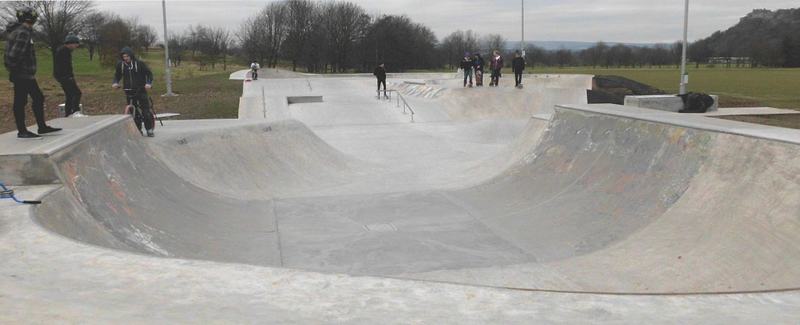 The skatepark's bowls, with Stirling Castle on the skyline